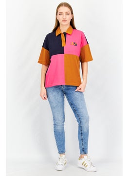 Aigle Women Pointed Collar Short Sleeve Colorblock Polo Shirt, Navy/Brown Combo  - Image 2