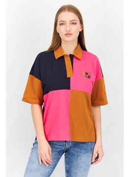 Aigle Women Pointed Collar Short Sleeve Colorblock Polo Shirt, Navy/Brown Combo  - Image 1