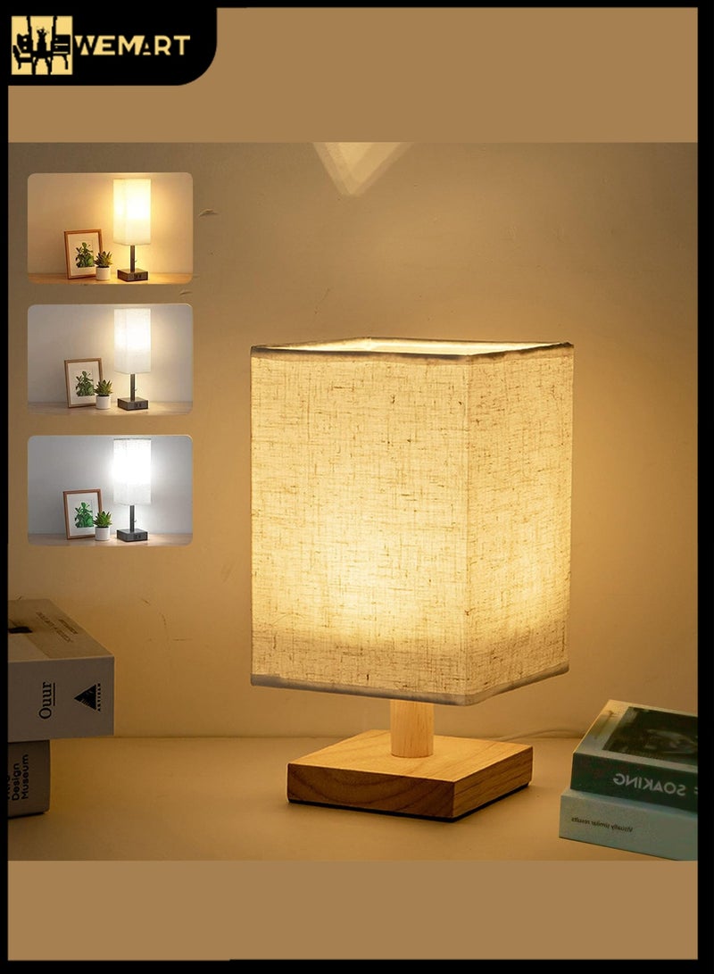 ويمارت زينة قيمنق زينة مكتب اضاءة مكتب مصباح بجانب السرير، مصباح طاولة، مصباح ليد، مصباح ليلي قابل للتعتيم بثلاثة مستويات لغرفة النوم، مصباح طاولة خشبي على الطراز الشمالي، مع غطاء مصباح مربع من القماش، مناسب للمنزل وغرفة النوم وغرفة المعيشة والمكتب - Image 1