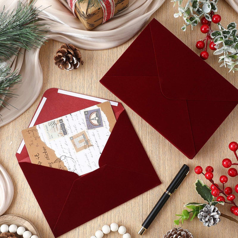 Affrolling 12 Pcs Wedding Velvet Envelopes 5 x 7 Inch Burgundy Velvety Surface Stationery A7 Vintage Soft Rectangle Elegant Envelopes for Invitation Gift Wedding Thank You Letter - Image 4