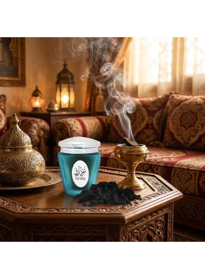 AL MAS OUD AZRAQ Premium Natural Bakhoor 30g Arabian Incense Natural Oud Chips Swiss Rose Madagascar Vanilla Saffron Musk Luxury Long Lasting Home Fragrance Unisex Gift Glass Jar by ALMAS PERFUMES - Image 2
