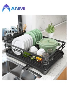 Anmi Dish Drying Rack, Extendable Dish Rack for Kitchen Counter, Stainless Steel Dish Strainer with Utensil Holder, Black  - Image 1