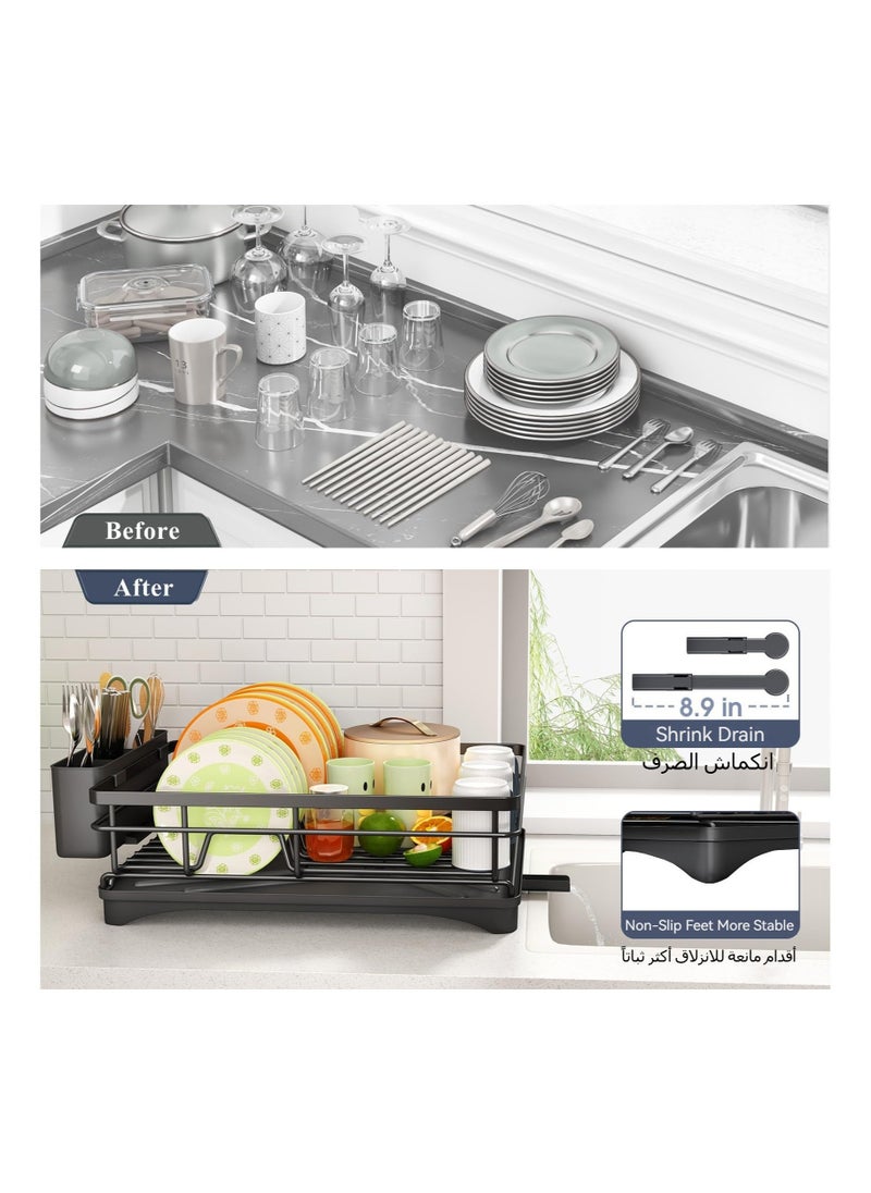 Anmi Dish Drying Rack, Extendable Dish Rack for Kitchen Counter, Stainless Steel Dish Strainer with Utensil Holder, Black  - Image 5