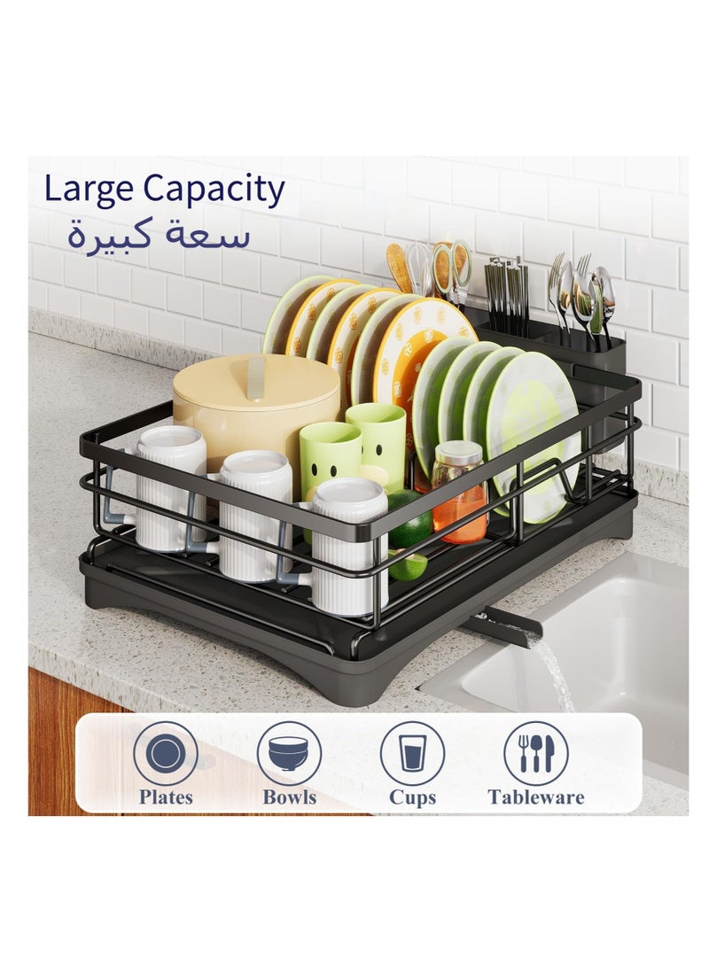 Anmi Dish Drying Rack, Extendable Dish Rack for Kitchen Counter, Stainless Steel Dish Strainer with Utensil Holder, Black  - Image 2