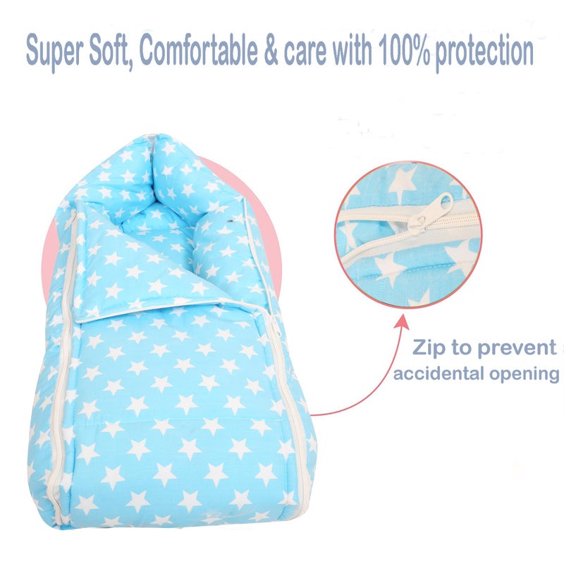 Nonibud Baby Cotton Sleeping Bed Cum Carrying Nest Bag with Storage Bag # Large Size 77 Cms X 40 Cms # 0-9 Months- SkyBlue Star Print (Sky Blue Stars) - Image 4
