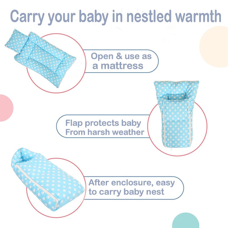 Nonibud Baby Cotton Sleeping Bed Cum Carrying Nest Bag with Storage Bag # Large Size 77 Cms X 40 Cms # 0-9 Months- SkyBlue Star Print (Sky Blue Stars) - Image 5