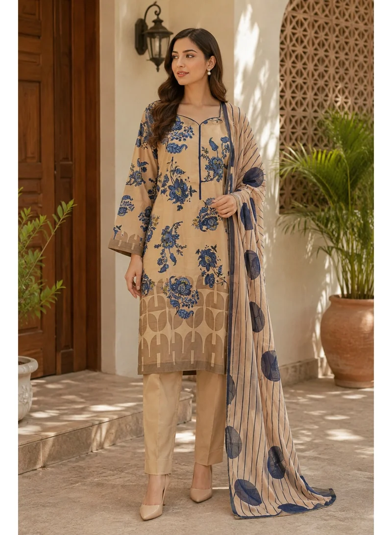 Women's 3-Piece Basic Suit - Greige with Blue Floral Print - Chest Size 44