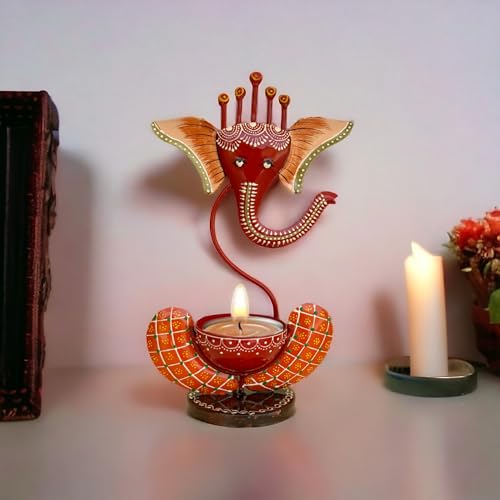 Vipron Iron T Light Ganesh Candle Holder for Home Decor (Red) - Image 1