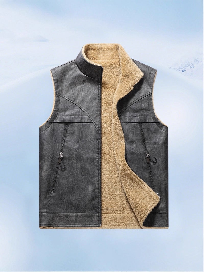 Men'S Leather Vest For Trade, Lamb Wool Vest, Warm And Thickened, Stand Collar, Sleeveless Vest, Trendy - Image 3