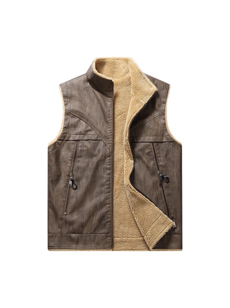 Men'S Leather Vest For Trade, Lamb Wool Vest, Warm And Thickened, Stand Collar, Sleeveless Vest, Trendy - Image 4