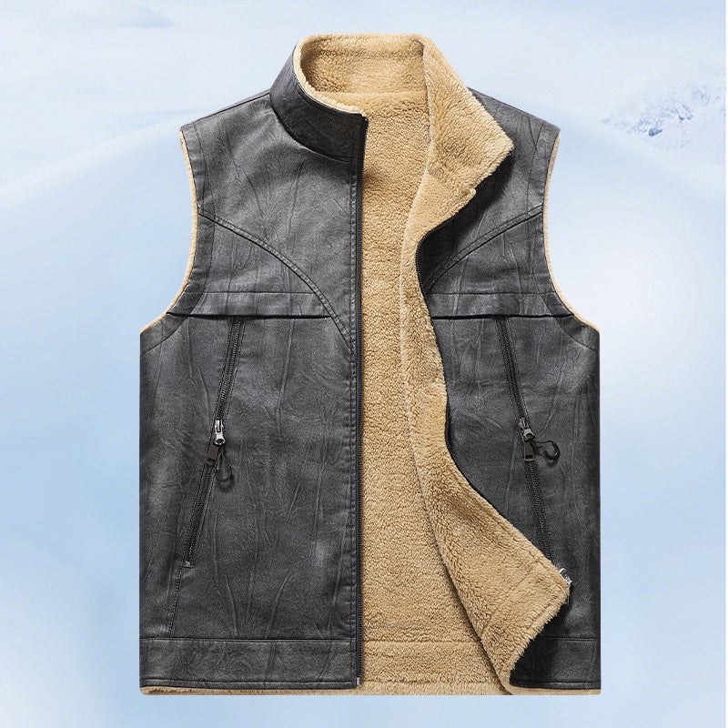 Men'S Leather Vest For Trade, Lamb Wool Vest, Warm And Thickened, Stand Collar, Sleeveless Vest, Trendy - Image 1