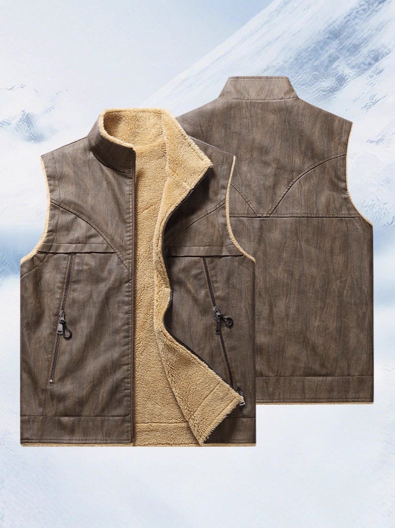 Men'S Leather Vest For Trade, Lamb Wool Vest, Warm And Thickened, Stand Collar, Sleeveless Vest, Trendy - Image 2