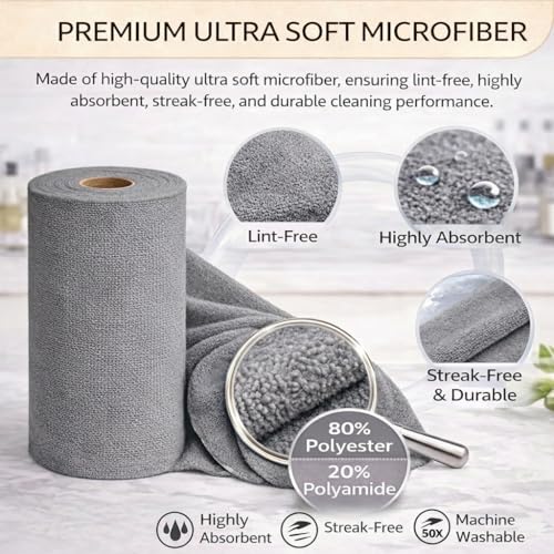 kaqer Microfiber Cleaning Cloth Roll 25x25 cm, Reusable and Washable Tear-Away Kitchen Towel Roll, Very Soft Cleaning Cloths for Home, Kitchen, Office, Electronics, Car Cleaning (Grey, 20 Pack) - Image 4