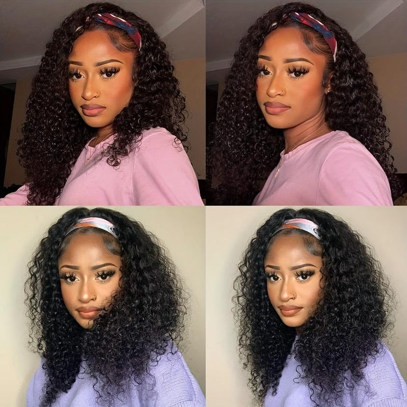 XSY Headband Wig Human Hair Deep Wave 16 Inch Curly Headband Wig Glueless No Lace Human Hair Wigs for Black Women Deep Curly Wig 150% Density Natural Color - Image 3