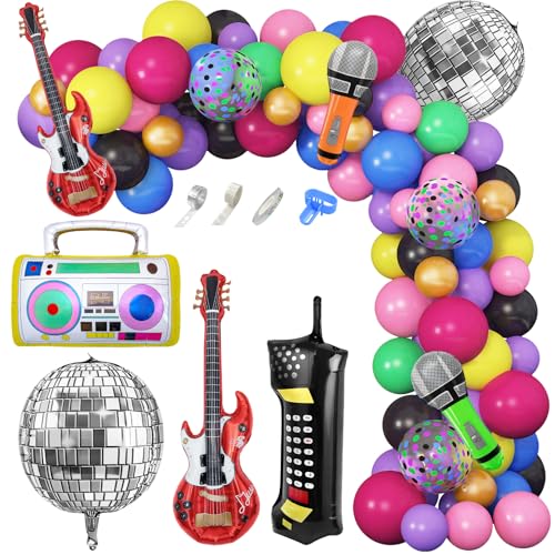 Amandir 80s 90s Theme Party Decorations, 90Pcs Balloon Garland Kit 6PCS Disco Ball Radio Boom Box Retro Mobile Phone Guitar Microphone Foil Balloons for Back to 80s 90s Hip Hop Birthday Supplies - Image 1