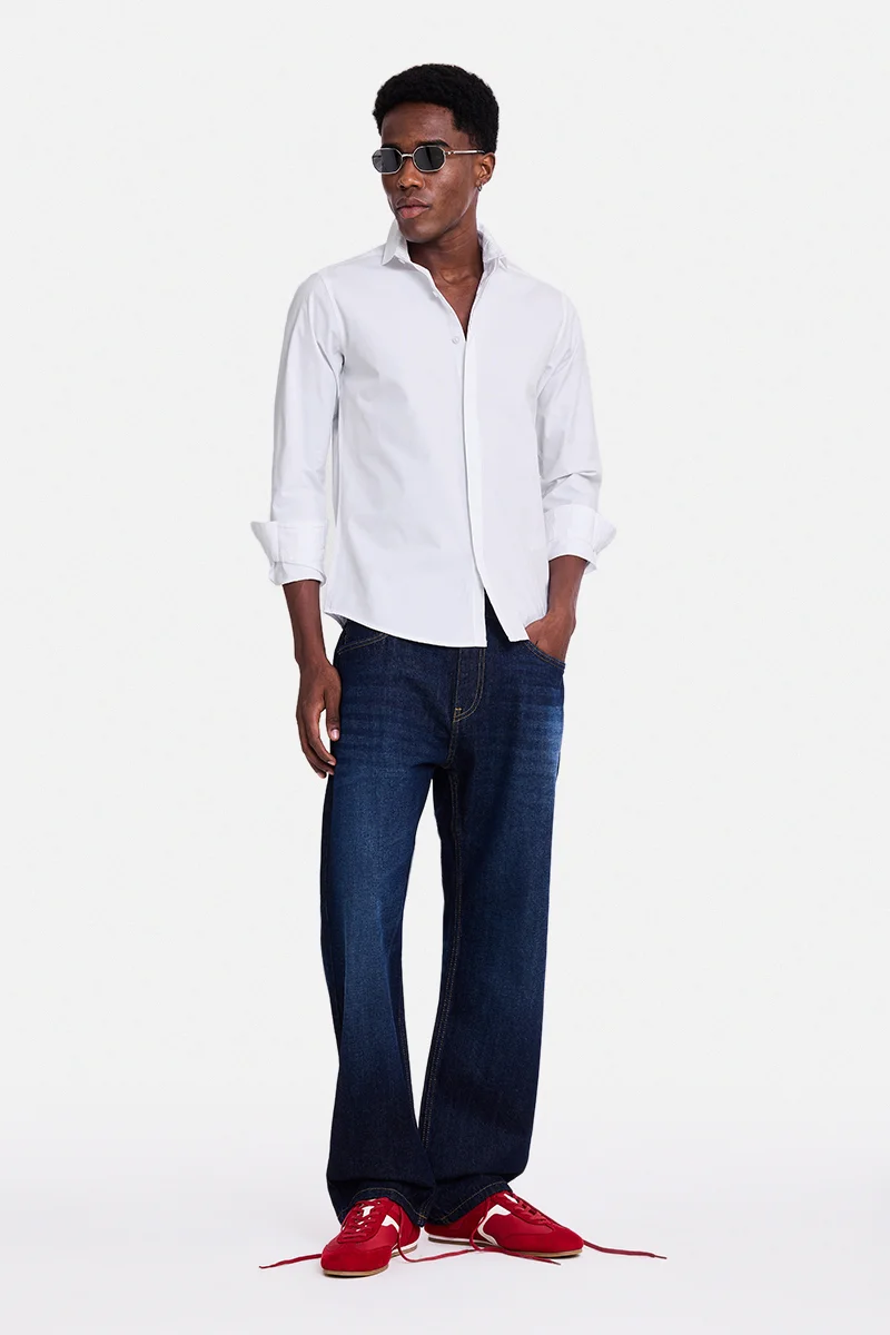 SNITCH White Embroidered Long Sleeve Slim Fit Shirt