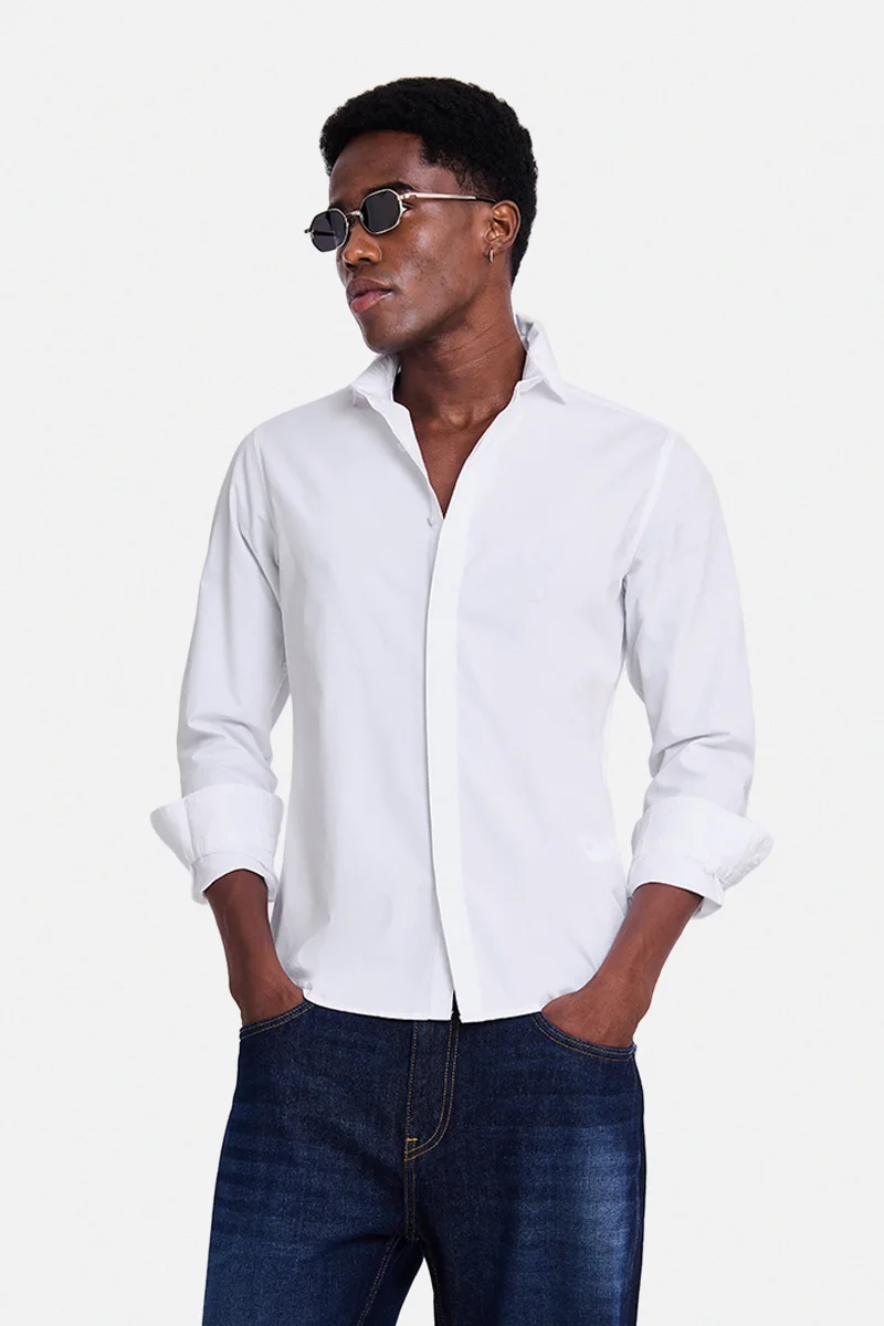 SNITCH White Embroidered Long Sleeve Slim Fit Shirt