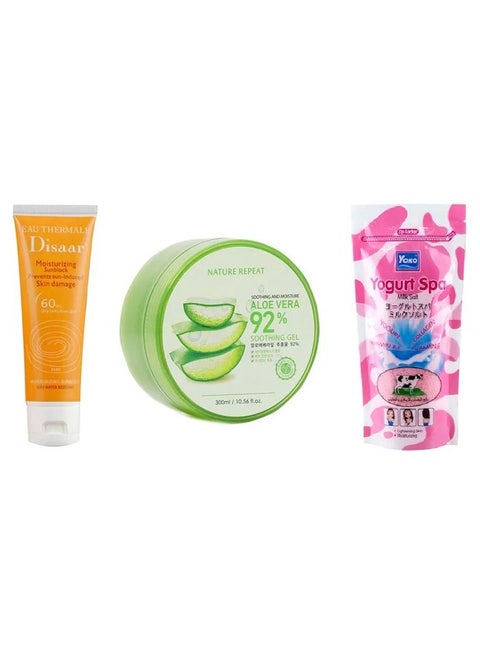 Body Care Set Of Spa Milk Salt With Yoghurt 300gm Aloe Vera Moisturizing Gel Green 300ml And Eau Thermale Moisturizing Cream SPF 60 80ml
