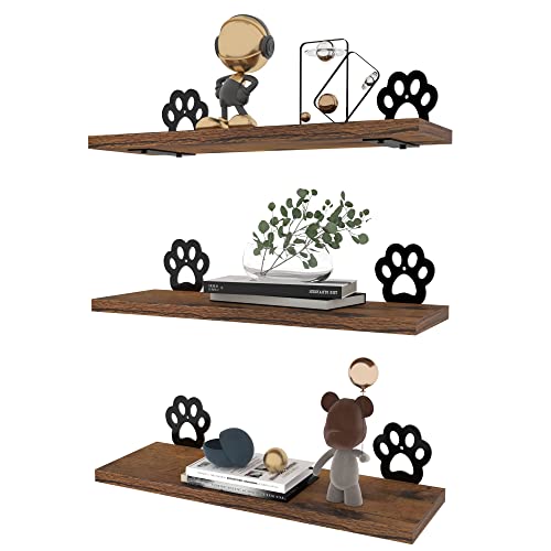 Lavezee Paw Prints Wall Decor Floating Shelves Set of 3, Cute Rustic Wooden Shelf Decorative Living Room, Bedroom, Bathroom, Log Cabin Shelving Wall Mounted - Image 1