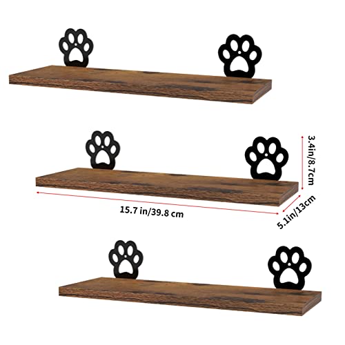 Lavezee Paw Prints Wall Decor Floating Shelves Set of 3, Cute Rustic Wooden Shelf Decorative Living Room, Bedroom, Bathroom, Log Cabin Shelving Wall Mounted - Image 2