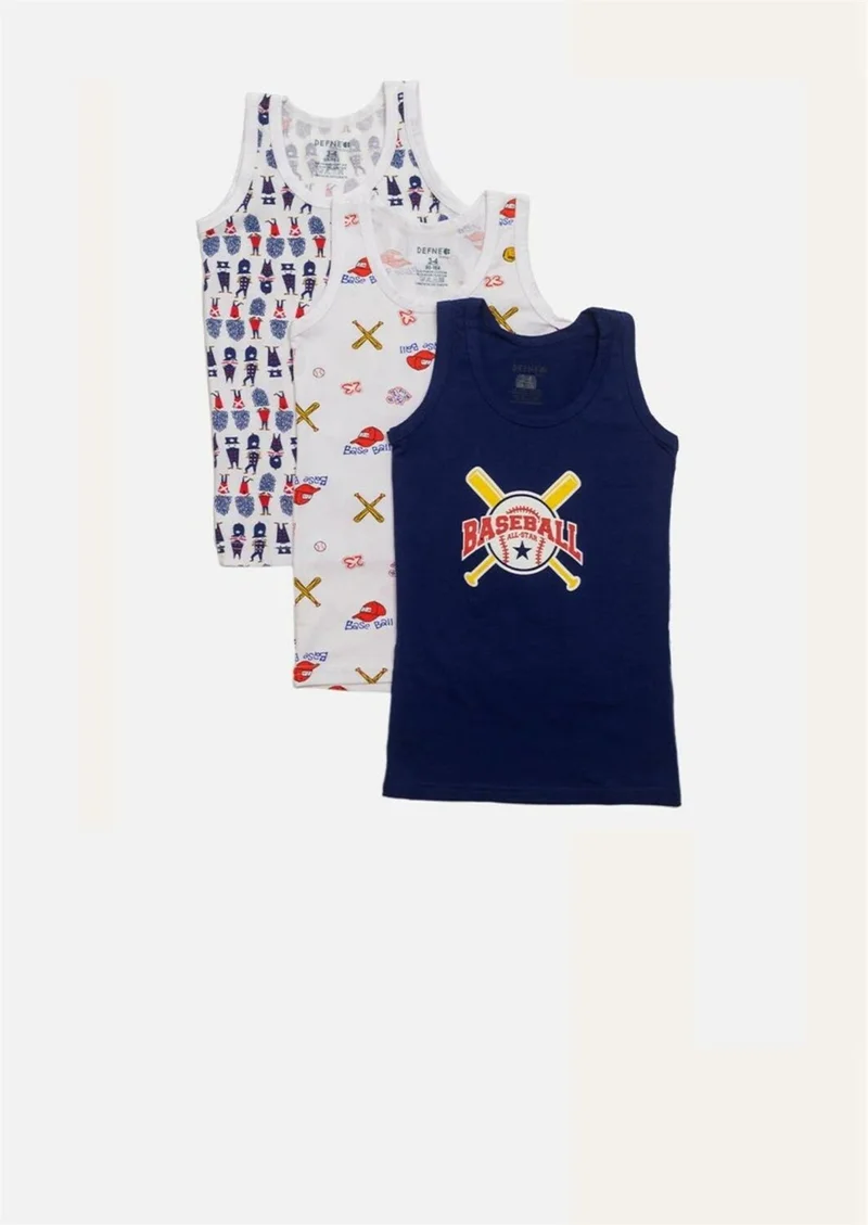 Defne Baseball Printed Lycra Combed Cotton 3-Piece Set Boy's Undershirt