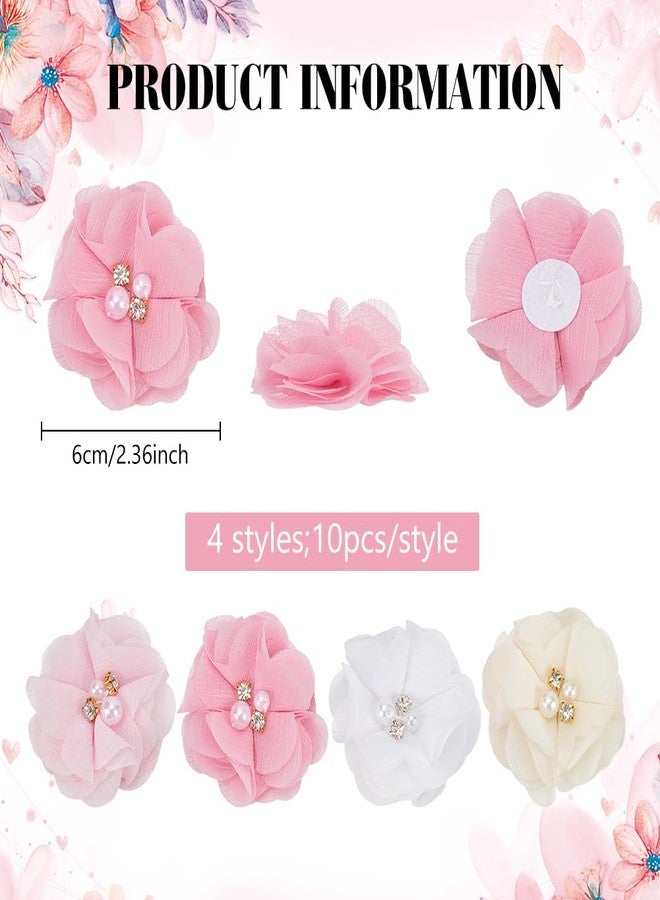 beinkmake 40Pcs Rhinestone Pearl Chiffon Flowers Sewing Fabric Appliques for Women Clothing Headbands Party Wedding Decor DIY Crafts 2.36 in, Pink - Image 2