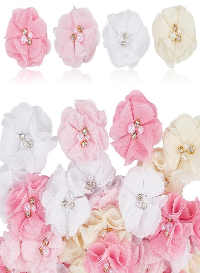 beinkmake 40Pcs Rhinestone Pearl Chiffon Flowers Sewing Fabric Appliques for Women Clothing Headbands Party Wedding Decor DIY Crafts 2.36 in, Pink - Image 1