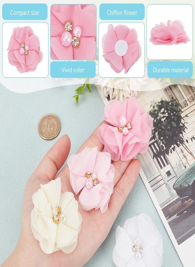 beinkmake 40Pcs Rhinestone Pearl Chiffon Flowers Sewing Fabric Appliques for Women Clothing Headbands Party Wedding Decor DIY Crafts 2.36 in, Pink - Image 3