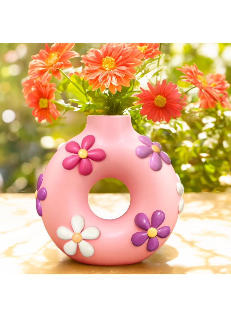 GUGUGO GUGUGO Colorful Cute Donut Vase for Flowers  Modern Boho Circle Flower Vase for Living Room Decor  Unique Decorative Hollow Round Flowers Vases  Eclectic Aesthetic Gardening Gifts Pink  - Image 1