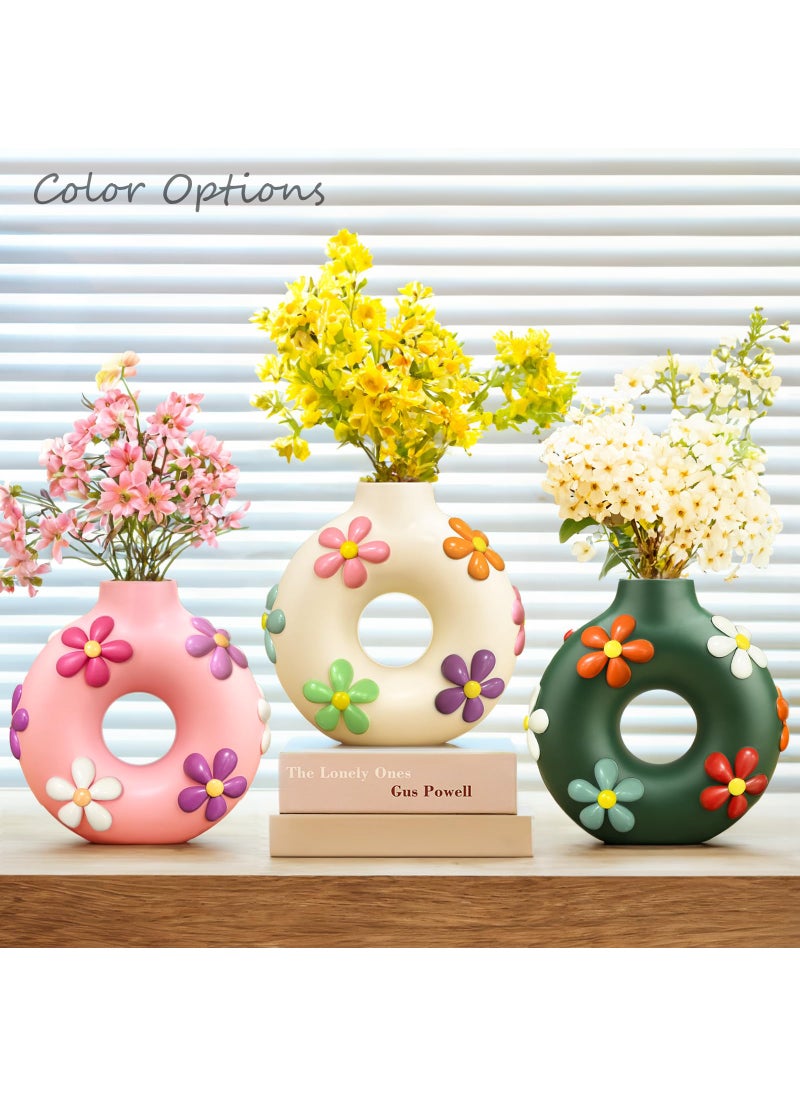 GUGUGO GUGUGO Colorful Cute Donut Vase for Flowers  Modern Boho Circle Flower Vase for Living Room Decor  Unique Decorative Hollow Round Flowers Vases  Eclectic Aesthetic Gardening Gifts Pink  - Image 2