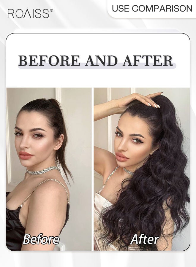 رويس وصلات شعر ذيل فرس طويلة ومموجة، شعر ذيل حصان مستعار طبيعي بمشبك مخلب صغير، وصلة إطالة شعر، قطعة شعر صناعية للنساء والفتيات، تسريحة شعر ناعمة للاستخدام اليومي، 50 سم - أسود بني - Image 2