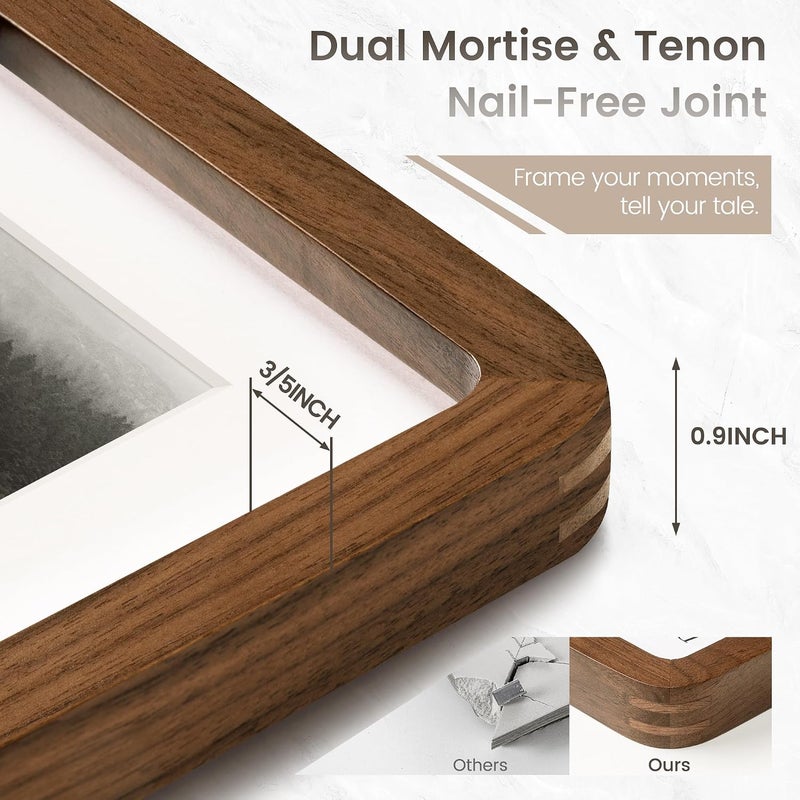 FLYJOE 12x16 Picture Frame, Natural Solid Walnut Wood Photo Frame with HD Tempered Glass, Handcrafted Wooden Frame 12 x 16 Matted to 8.5x11, Gallery Wall Frames for Art, Wall or Tabletop Display - Image 3
