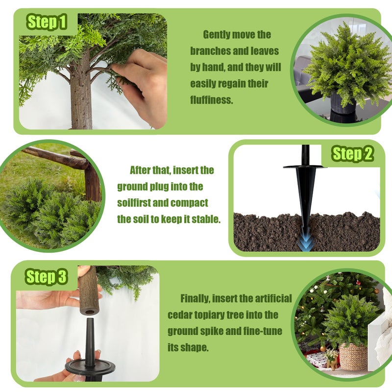 DOPGIB Artificial Cedar Topiary Ball Tree with Ground Spike: 23 Inch 2 Pack UV Resistant Faux Green Cypress Shrubs Plants Fake Bushes for Front Porch, Garden, Indoor and Outdoor Home Decor - Image 3