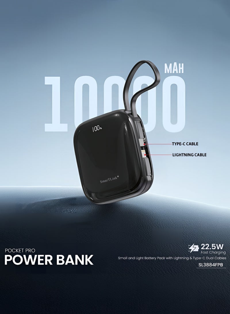 سمارت لينك باور بانك محمول بسعة 10000 مللي أمبير، شحن سريع 22.5 واط، مزود بكيبل لايتنينج و Type-C مدمجين وشاشة ليد لمعرفة مستوى الشحن - أسود - Image 2