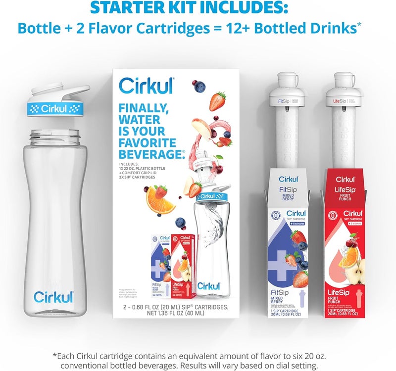 Cirkul طقم زجاجة ماء بلاستيكية خالية من BPA بسعة 22 أونصة من سيركول مع غطاء أزرق و 2 خرطوشة نكهة (لايف سيب فواكه و فيت سيب توت مختلط) - Image 2