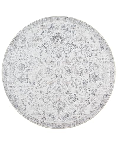 jinchan Kalen Round Rug 5ft Area Rug Washable Vintage Indoor Retro Entryway Floor Cover Distressed Gray Floral 5 Round Circle Boho Non Slip Thin Carpet for Bedroom Living Room Dining Room Grey - Image 1