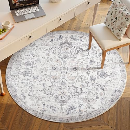 jinchan Kalen Round Rug 5ft Area Rug Washable Vintage Indoor Retro Entryway Floor Cover Distressed Gray Floral 5 Round Circle Boho Non Slip Thin Carpet for Bedroom Living Room Dining Room Grey - Image 3