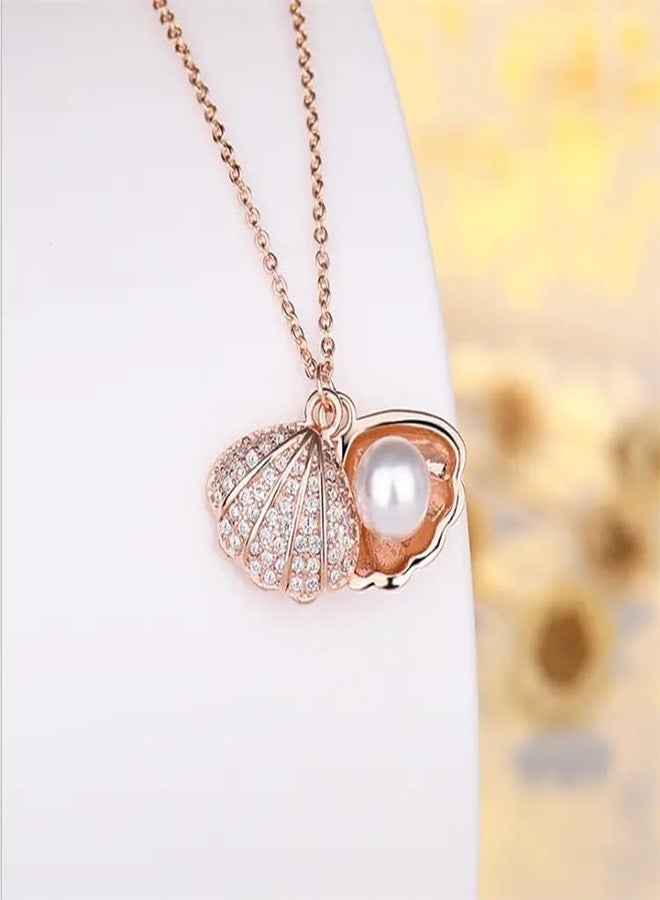 MEENAZ Rose Gold pendant necklace for women Girls Ladies girlfriend Wife Moti Shell Pearl Necklace for woman stylish locket diamond ad cz Pendants chains western Valentine Gift Anti tarnish jewelry - Image 3