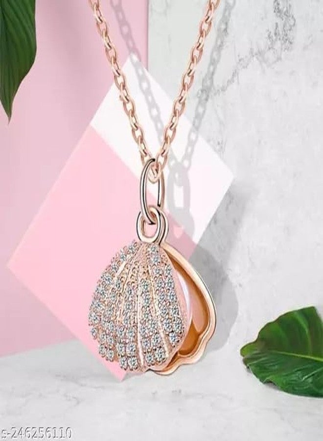 MEENAZ Rose Gold pendant necklace for women Girls Ladies girlfriend Wife Moti Shell Pearl Necklace for woman stylish locket diamond ad cz Pendants chains western Valentine Gift Anti tarnish jewelry - Image 4