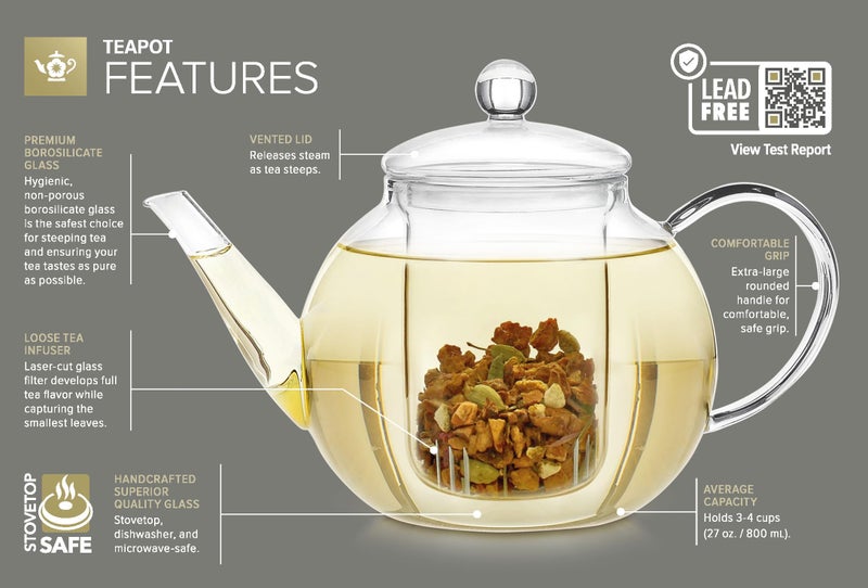 Teabloom Stovetop & Microwave Safe Glass Teapot with Removable Loose Tea Glass Infuser â€“ Includes 2 Blooming Teas â€“ 2-in-1 Tea Kettle and Tea Maker â€“ Tea Purist's Choice - Image 4