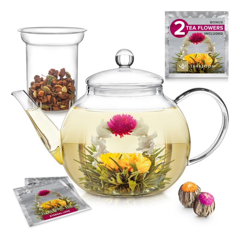 Teabloom Stovetop & Microwave Safe Glass Teapot with Removable Loose Tea Glass Infuser â€“ Includes 2 Blooming Teas â€“ 2-in-1 Tea Kettle and Tea Maker â€“ Tea Purist's Choice - Image 1