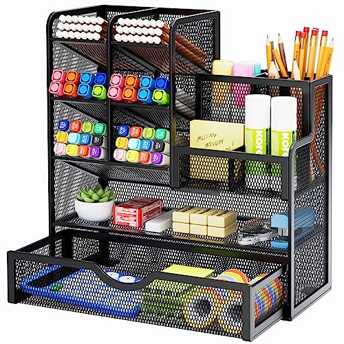 Marbrasse Mesh Pen Holder for Desk, Multi-Functional Pencil Organizer with Drawer, Desk Organizers and Accessories for Office Art Supplies (Black) - Image 1