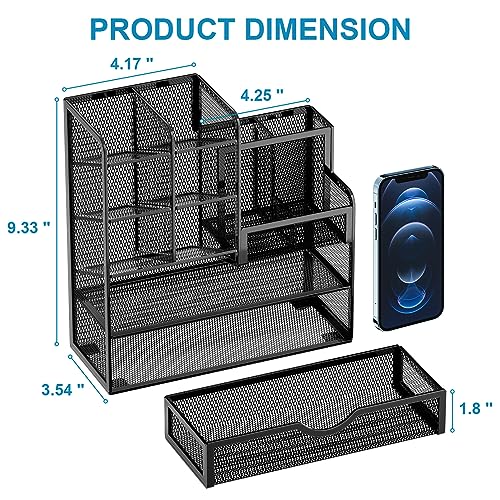 Marbrasse Mesh Pen Holder for Desk, Multi-Functional Pencil Organizer with Drawer, Desk Organizers and Accessories for Office Art Supplies (Black) - Image 5
