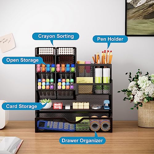 Marbrasse Mesh Pen Holder for Desk, Multi-Functional Pencil Organizer with Drawer, Desk Organizers and Accessories for Office Art Supplies (Black) - Image 2