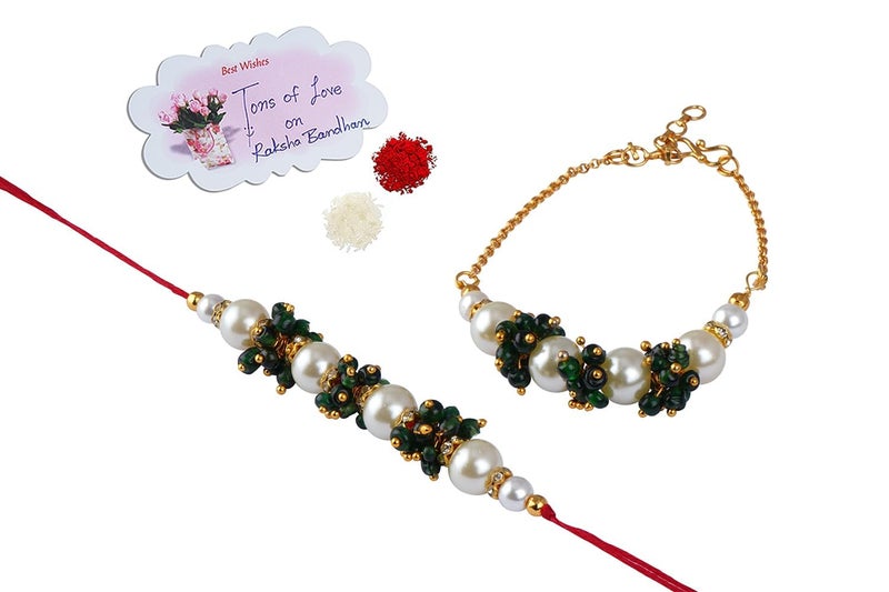 JFL JFL Jewellery for Less Handcrafted Combo of Off White Pearl n Green Bead Cluster Pearl Rakhi Bracelet Set for BhaiyaBrotherCouple Pair Rakhi Set for Raksha Bandhan 