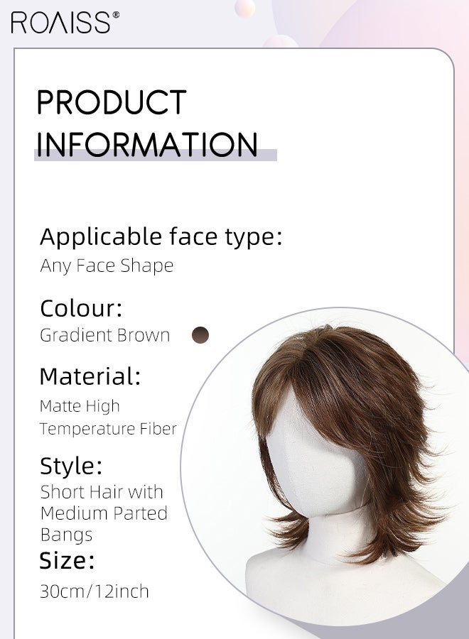 roaiss Gradient Brown Short Hair with Medium Parted Bangs, Women's Short Curly Wig, Synthetic Natural Heat Resistant Fiber Wig, Suitable for Daily Use, Party, Costume, Cosplay, 30cm (12 Inch) - Image 3