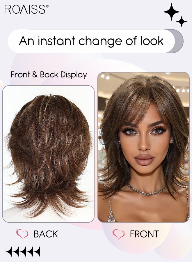roaiss Gradient Brown Short Hair with Medium Parted Bangs, Women's Short Curly Wig, Synthetic Natural Heat Resistant Fiber Wig, Suitable for Daily Use, Party, Costume, Cosplay, 30cm (12 Inch) - Image 2