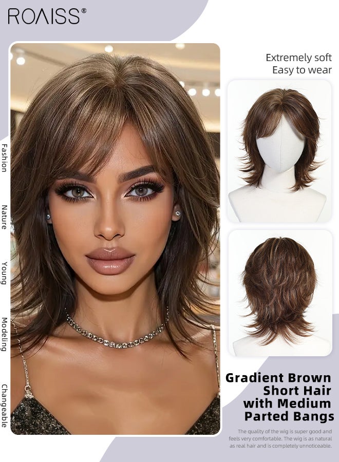 roaiss Gradient Brown Short Hair with Medium Parted Bangs, Women's Short Curly Wig, Synthetic Natural Heat Resistant Fiber Wig, Suitable for Daily Use, Party, Costume, Cosplay, 30cm (12 Inch) - Image 1