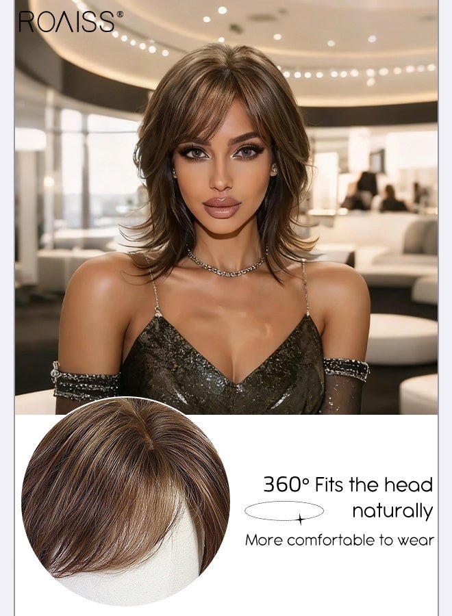 roaiss Gradient Brown Short Hair with Medium Parted Bangs, Women's Short Curly Wig, Synthetic Natural Heat Resistant Fiber Wig, Suitable for Daily Use, Party, Costume, Cosplay, 30cm (12 Inch) - Image 4