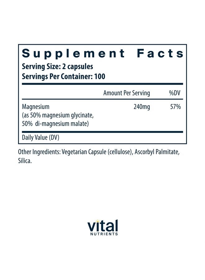 Vital Nutrients Magnesium Glycinate + Malate | 120mg Vegan Magnesium Supplement for Women and Men | Muscle, Heart, Bone Support* | Promotes Relaxation | Gluten, Dairy and Soy Free | 200 Capsules - Image 2